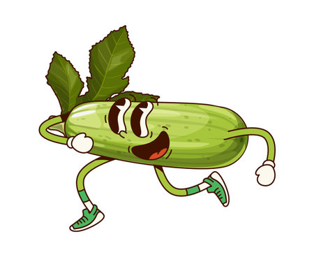 Groovy zucchini vegetable character. Cartoon vector playful squash personage with a cheerful expression and leafy greens on top, wearing sneakers and energetically running, promotes health and fitnessのイラスト素材