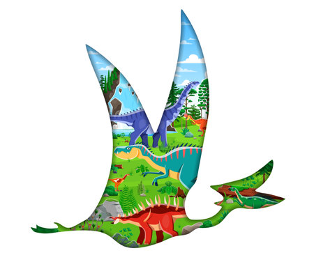 Paper cut prehistoric flying dinosaur silhouette filled with Jurassic landscapes and dino species. 3d vector papercut frame in shape of pterodactyl captures essence of the ancient dinosaur era worldのイラスト素材