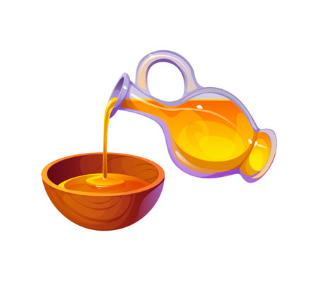 Oil pouring from a glass jug into a wooden bowl. Isolated cartoon vector moment of culinary preparation, cooking process, food and kitchen activities, highlights the fluidity and richness of the oilのイラスト素材