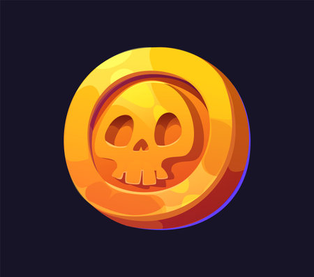 Cartoon pirate golden coin with skull engraving. Isolated vector ancient doubloon, shiny yellow ducat. Fantasy treasure, fairy tale item, game asset, small, round piece of metal, made from goldのイラスト素材