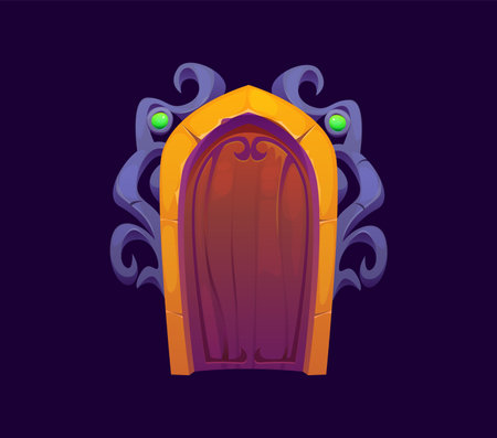 Magic gate door or fantasy portal for game asset with mystery arch, cartoon vector. Portal door or parallel world entrance with wooden doorway and fairy tale fantasy stone arch for game assetのイラスト素材