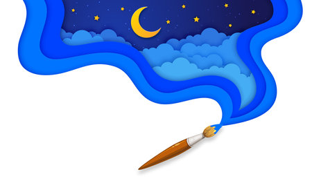 Paper cut night sky with brush, moon and stars in clouds, vector cartoon background. Magic dream or sleep and bedtime fairy tale background with paper cut clouds and starry sky painted by paintbrushのイラスト素材