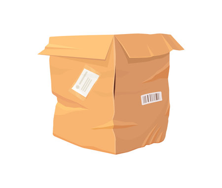 Damaged and crumpled cardboard delivery box. Isolated cartoon vector package is broken and ripped. Crashed carton container with stickers and barcodes, indicating mishandling during shipping transitのイラスト素材