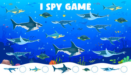 I spy game worksheet with prehistoric sea underwater dinosaurs and reptiles, vector quiz. Kids I spy game to find and match the same picture with Jurassic undersea fish animals and dino reptilesのイラスト素材