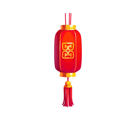 Cartoon Chinese festival red lantern, Asian Chinatown lamp. Traditional festival or Chinatown decoration with gold accents and a tassel at the bottom, symbolizing cultural celebrations and heritageのイラスト素材