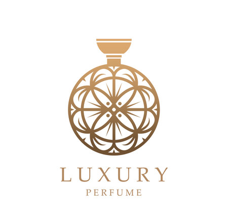 Luxury perfume fragrance icon. Isolated vector elegant and intricate golden scent vial emblem for branding high-end fragrances and beauty products, exudes sense of opulence and luxury style for brandのイラスト素材