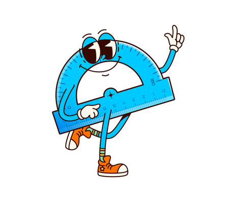 Groovy school protractor character, measuring item for learning geometry or math. Isolated cartoon...