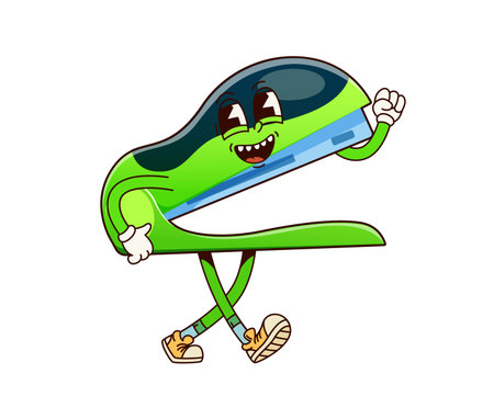 Groovy school stapler character with cheerful and lively face, posing energetically, showcasing creativity and education. Cartoon vector fun stationery item ready for educational and office tasksのイラスト素材
