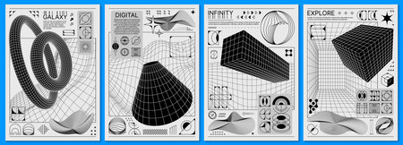 Brutalism posters with y2k shapes and 3d retro figures. Vector vertical cards present black and...