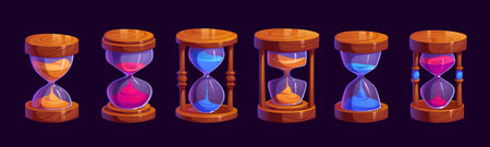 Cartoon game sandglass or hourglass with wooden frame and colorful falling pink, blue and orange sand. Vector sandclock, whimsical and playful time measuring items, gui elements , fantasy game assetsのイラスト素材