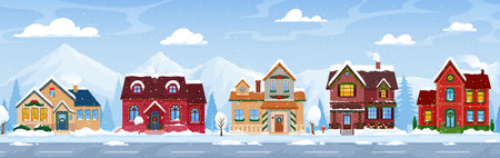 Christmas winter town. Vector countryside cityscape, adorned with twinkling lights, cozy cottages, and a festive atmosphere. Snowflakes dance, and the air is filled with warmth and holiday cheerのイラスト素材