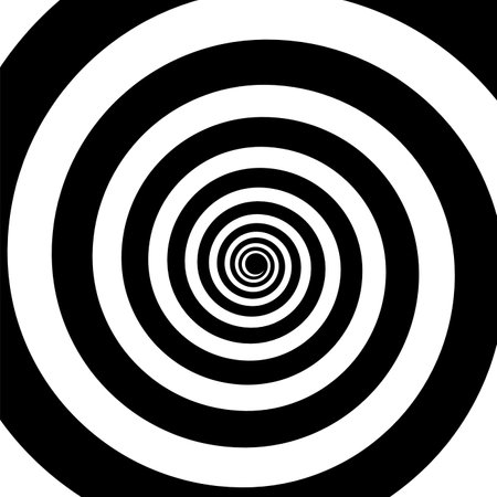 Psychedelic hypnotic swirl or spiral pattern with hypnosis effect, vector background. Hypnotic spiral tunnel of white black swirls and twirls of wormhole optical illusion or psychedelic effect patternのイラスト素材