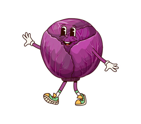 Groovy red cabbage vegetable character. Cartoon Vector cheerful, playful and quirky cabbage with a happy expression, wearing colorful sneakers and waving with both arms, exudes a fun and retro vibeのイラスト素材