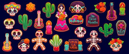 Mexican dead day holiday biscuit cookie and cakes, dia de los muertos candy. Cartoon vector patches of traditional sugar skull, cacti, guitar or coffin. Gingerbread skeleton, candle, Catrina, sombreroのイラスト素材