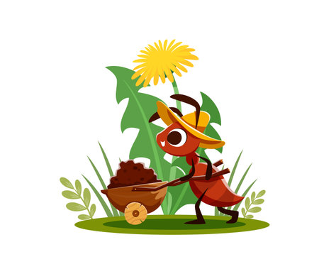 Cartoon ant pushing wheelbarrow with soil on meadow, vector funny character. Ant worker or farmer gardener in summer hat carrying earth soil in wheelbarrow cart for anthill building for kids storyのイラスト素材