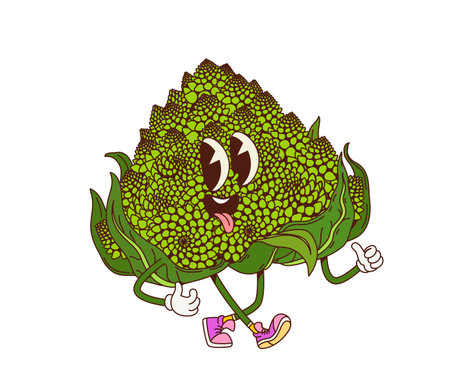 Groovy romanesco cabbage vegetable retro character with funny face, cartoon vector. Groovy romanesco cabbage with happy smile and tongue out in silly expression for cheerful cute groovy vegetableのイラスト素材