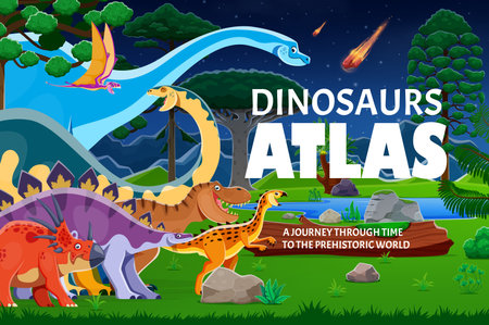 Prehistoric dinosaurs atlas book cover featuring dino creatures in a lush, prehistoric landscape. Vector atlas book cover with animal species representing a journey through time to the ancient worldのイラスト素材
