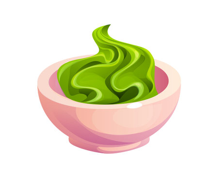 Cartoon bowl of wasabi, condiment for Japanese sushi and rolls. Isolated vector vivid green wasabi swirls with creamy texture and spicy flavor resting in a ceramic bowl. Japan restaurant spicy foodのイラスト素材