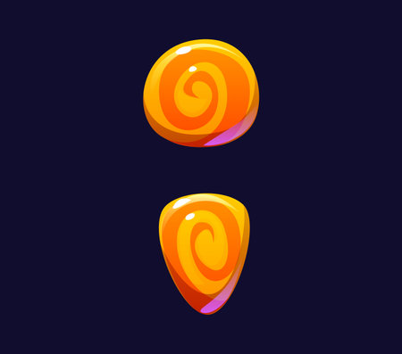 Cartoon semicolon glyph, candy and confectionery alphabet, sweet typeface, lollypop font, dessert type. Isolated vector punctuation typography symbol as glossy toffee with orange swirls. kids abc signのイラスト素材