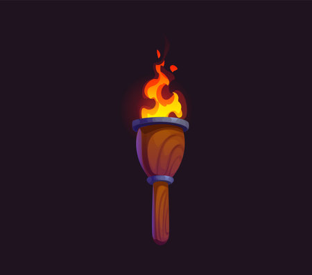 Game medieval fire torch with a bright fire flame. Cartoon vector burning torchlight with wooden handle evokes feelings of adventure, mystery, ancient times and history for fantasy and historical gameのイラスト素材