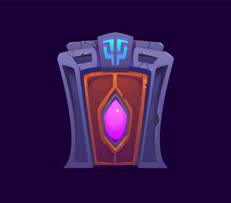 Fantasy magic gate door portal, game asset. Cartoon vector witchcraft wooden doorway framed by stone arc with a blue, glowing runes and pink crystal in the center, exuding aura of mystery and secrecyのイラスト素材