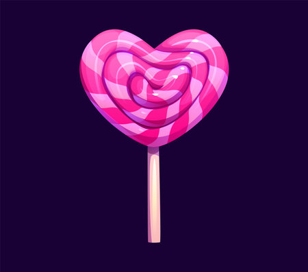 Cartoon valentine pink heart lollypop, candy sweets and confectionery. Isolated vector romantic dessert treat, shiny lollipop on a stick, with glossy surface and swirl stripes. Valentines sugary foodのイラスト素材