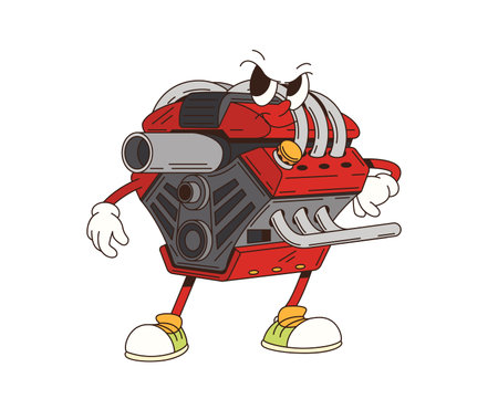 Cartoon retro groovy car engine character. Isolated vector engine, fun and nostalgic automotive personage features colorful parts and components, showing confident and cool pose with expressive eyesのイラスト素材
