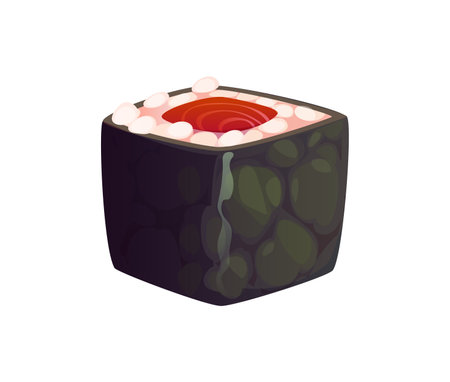 Cartoon Japanese sushi roll wrapped in nori seaweed sheet, contains neatly packed rice and a piece of fresh tuna in the center. Isolated vector traditional japan food delicacy, seafood restaurant menuのイラスト素材