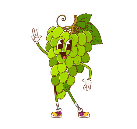 Cartoon groovy grape fruit berry character. Isolated vector ripe green grapes cluster personage wearing retro sneakers and gloves, cheerfully smiling and flashing peace sign with fun and quirky vibesのイラスト素材