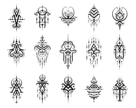 Sacred oriental Thai symbols and Buddhism religious signs for tattoo or Yantra Sak Yant, vector icons. Thailand ethnic sacred ornaments of Thai Buddha culture symbols for Sak Yant Yantra tattooing artのイラスト素材
