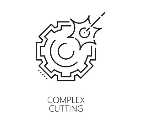Laser complex cutting manufacture industry line icon. Steel etching metalwork industry thin line icon, CNC cutting equipment or laser engraving production technology line vector symbol with cog wheelのイラスト素材