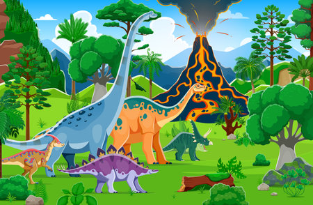 Prehistoric era landscape with dinosaurs amidst lush tropical greenery and a dramatic erupting volcano. Cartoon vector scene showcasing a tranquil yet dynamic ecosystem teeming with Jurassic era lifeのイラスト素材