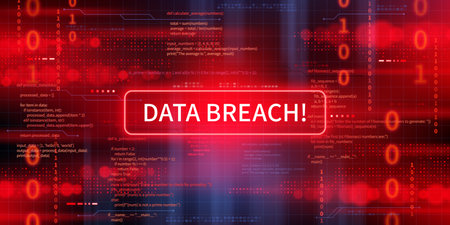 Data breach ransomware screen, malware cyber attack alert. Vector hacked internet system, danger sign features data breach text inside of rectangular frame, surrounded by red binary code patternsのイラスト素材