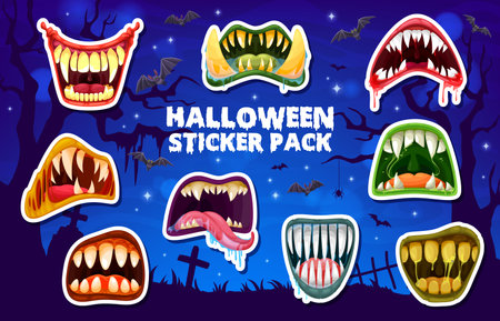 Stickers pack of Halloween monster mouth with drool jaws. Vector patches of monstrous mouths with exaggerated, sharp teeth, some dripping with saliva or blood on spooky graveyard with bats and spidersのイラスト素材
