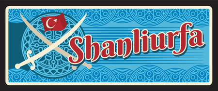 Urfa or Shanliurfa ili, Turkish province il Southeastern Anatolia region. Vector travel plate, vintage sign, retro postcard design. Old plaque with ornaments, flag and crossed swords kilijのイラスト素材