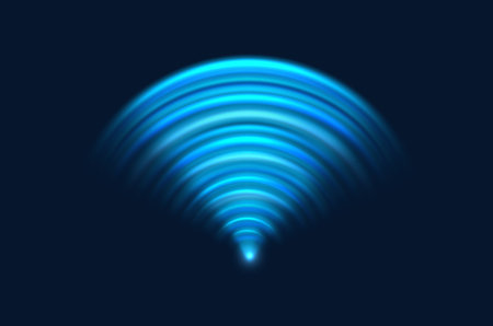 Radar sonar emitting a glowing blue signal with concentric rings expanding outward from a central point. Wi-fi scanning or transmission technology used for communication, detection, and sound wavesのイラスト素材