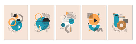 Abstract modern Memphis posters. with graphic geometric shapes and elements, exude creativity and dynamic energy in trendy 80s style. Vector cards or cover templates with pastel colors and patternsのイラスト素材