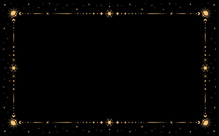 Mystic celestial frame with astrology sun, moon and stars in golden line border, vector background. Mystic celestial frame for Tarot cards, esoteric astrology and witchcraft magic with sky symbolsのイラスト素材