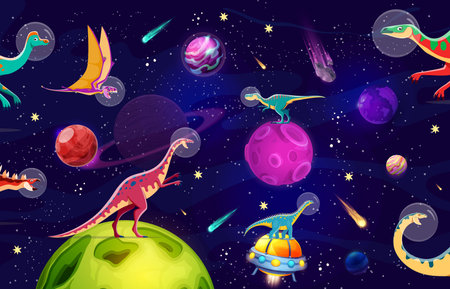Cartoon dinosaur astronauts in outer space or funny prehistoric lizard spaceman, vector characters. Jurassic galaxy fantasy with dinosaurs in astronaut helmets on alien UFO and planets in space skyのイラスト素材