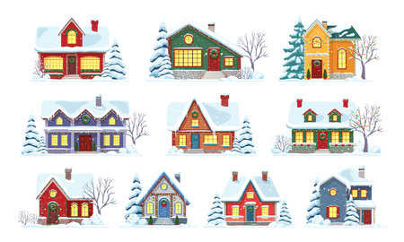Christmas winter house facade exteriors. Vector Xmas holiday town or village street scene of cartoon home buildings with Christmas trees, snow, lights and Xmas decorations, wreaths and garlandsのイラスト素材