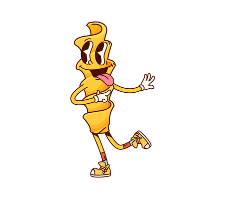 Eliche Italian pasta groovy cute character. Italy cuisine menu tasty noodle dish groovy character, Italian restaurant pasta meal or Eliche raw gourmet vintage hippie isolated vector happy mascotのイラスト素材