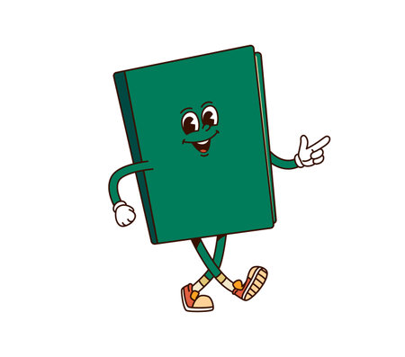 Book groovy character. Isolated cartoon vector lively, retro groovy notebook or textbook personage with green cover, expressive eyes and cheerful friendly smile, showing pointing gesture with fingerのイラスト素材