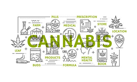 Weed extract cbd and marijuana, medical cannabis color icons symbols like leaves, pills, and products, farm, prescription, store, location, mental health, buds, formula and book linear health symbolsのイラスト素材