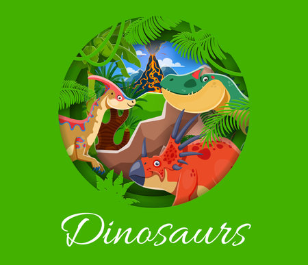 Paper cut funny cartoon dinosaurs banner with prehistoric lizards in Jurassic era forest, vector background. Prehistoric dinosaur lizards for kids dino world atlas book or paleontology encyclopediaのイラスト素材