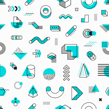 Blue geometric Memphis shape seamless pattern background of simple line shapes, vector tile. Modern or retro Y2K hipster Memphis pattern background of minimal geometric figures and isometric elementsのイラスト素材