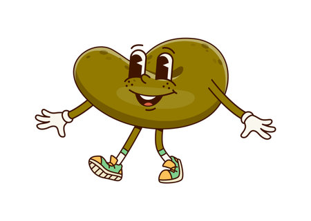 Cartoon groovy poop character, funny poo excrement personage, happy toilet shit emoticon with a big playful smile, funky shoes and gloves cheerfully walking, exuding retro funky and stinky vibesのイラスト素材