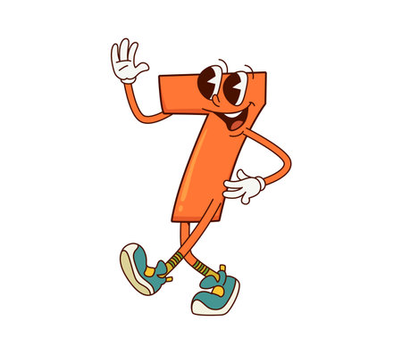 Cartoon groovy number seven character. Isolated vector playful and funky 7 figure with big round eyes, a cheerful smile, and distinctive seven-shaped orange body. Mathematics numeric kid personageのイラスト素材