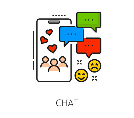 Internet blogging chat or online media line icon. Digital blogger influence, Internet multimedia content or blogging technology thin line vector icon. Social media outline sign with chat commentsのイラスト素材