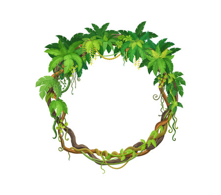 Tropical jungle round frame with forest liana branch and leaves. Cartoon vector circular border made of lush rainforest vines and twisted roots, exudes a sense of exotic nature and wild vegetationのイラスト素材