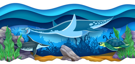 Underwater prehistoric dinosaurs and reptiles or Jurassic lizards of sea, cartoon vector. Aquatic dinosaurs and marine reptiles for kids dino world atlas or paleontology book and prehistory museumのイラスト素材